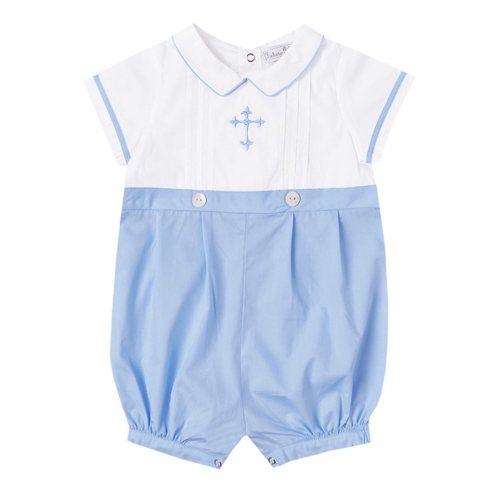 FANTAISIE NWT Boys Heirloom Pintuck Embroidered Cross Peter Pan Collar Romper